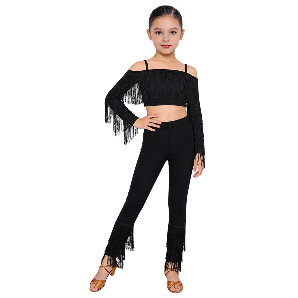 Mädchen Leopardenmuster Quasten Latein Tanz Outfit Langarm Crop Top Träger Verstellbare Hose