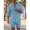 New-style Sports Shirt: Trendy Men’s Cotton-linen Hooded Plain-colour Long-sleeved Top and Shorts – Casual Beach and Holiday Set