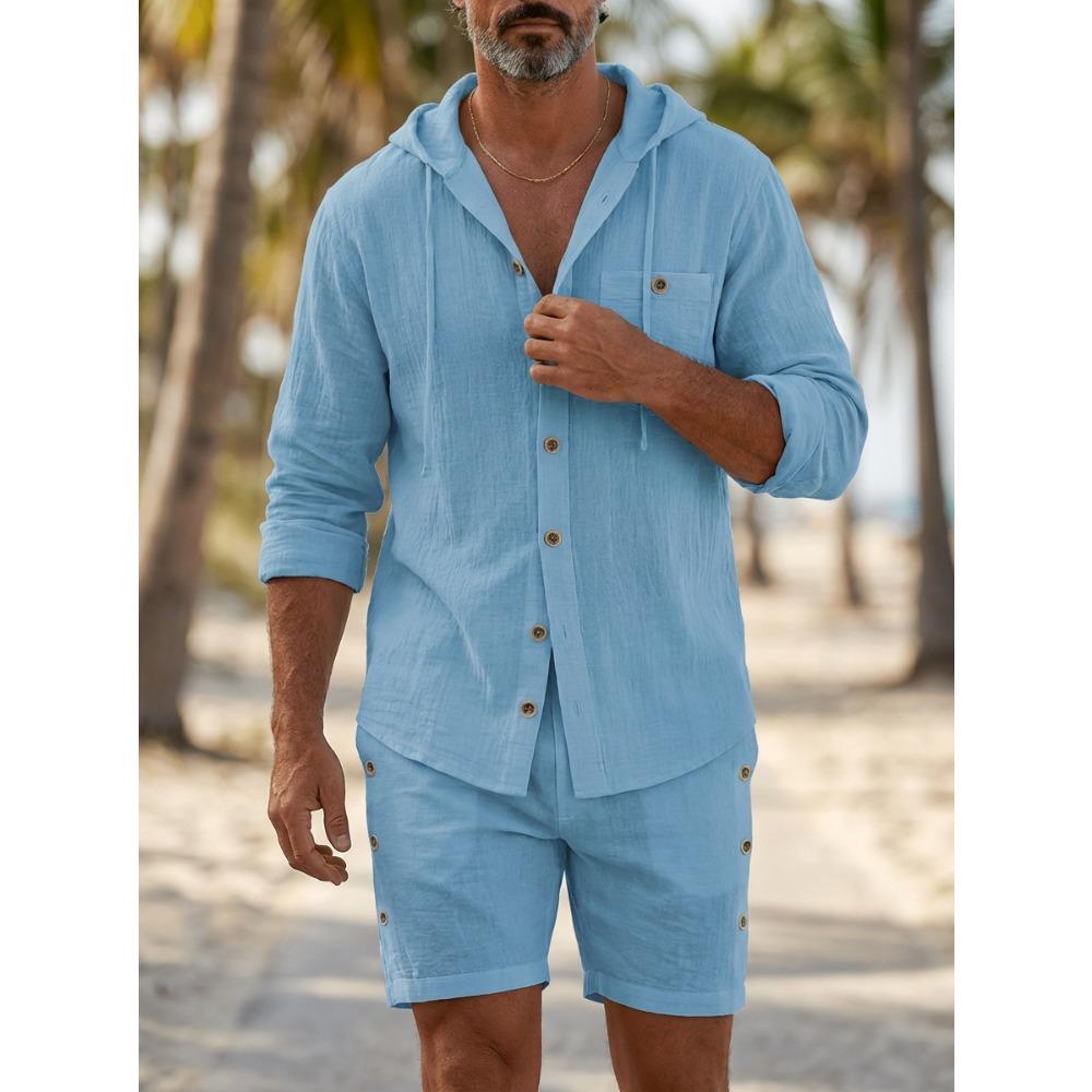 New-style Sports Shirt: Trendy Men’s Cotton-linen Hooded Plain-colour Long-sleeved Top and Shorts – Casual Beach and Holiday Set