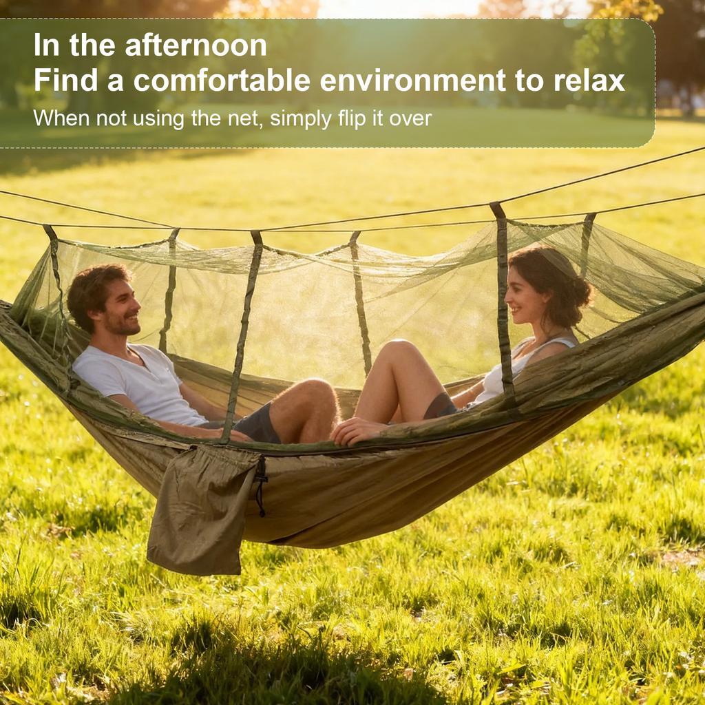 Camping Hammock with Net Tree Friendly Straps Storage Bag Portable for Hiking Backyard Relaxing Camel Green
