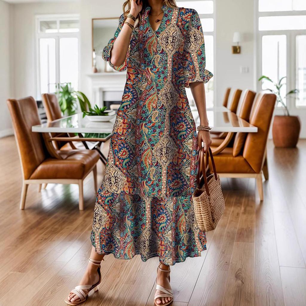 Damen Rüschenkleid Ethno-Stil Bedruckt Kurzärmlig V-Ausschnitt Locker Übergröße Langes Kleid