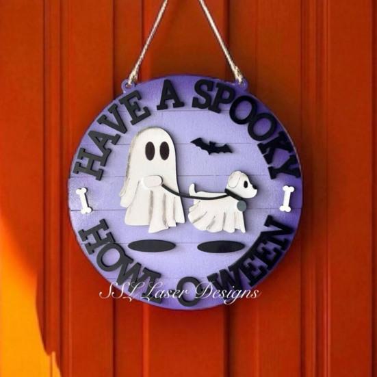 Halloween Ghost Walking Dog Door Sign Wooden Ghost Dog Hanging Doorplate for Front Porch Wall Indoor Outdoor Decor