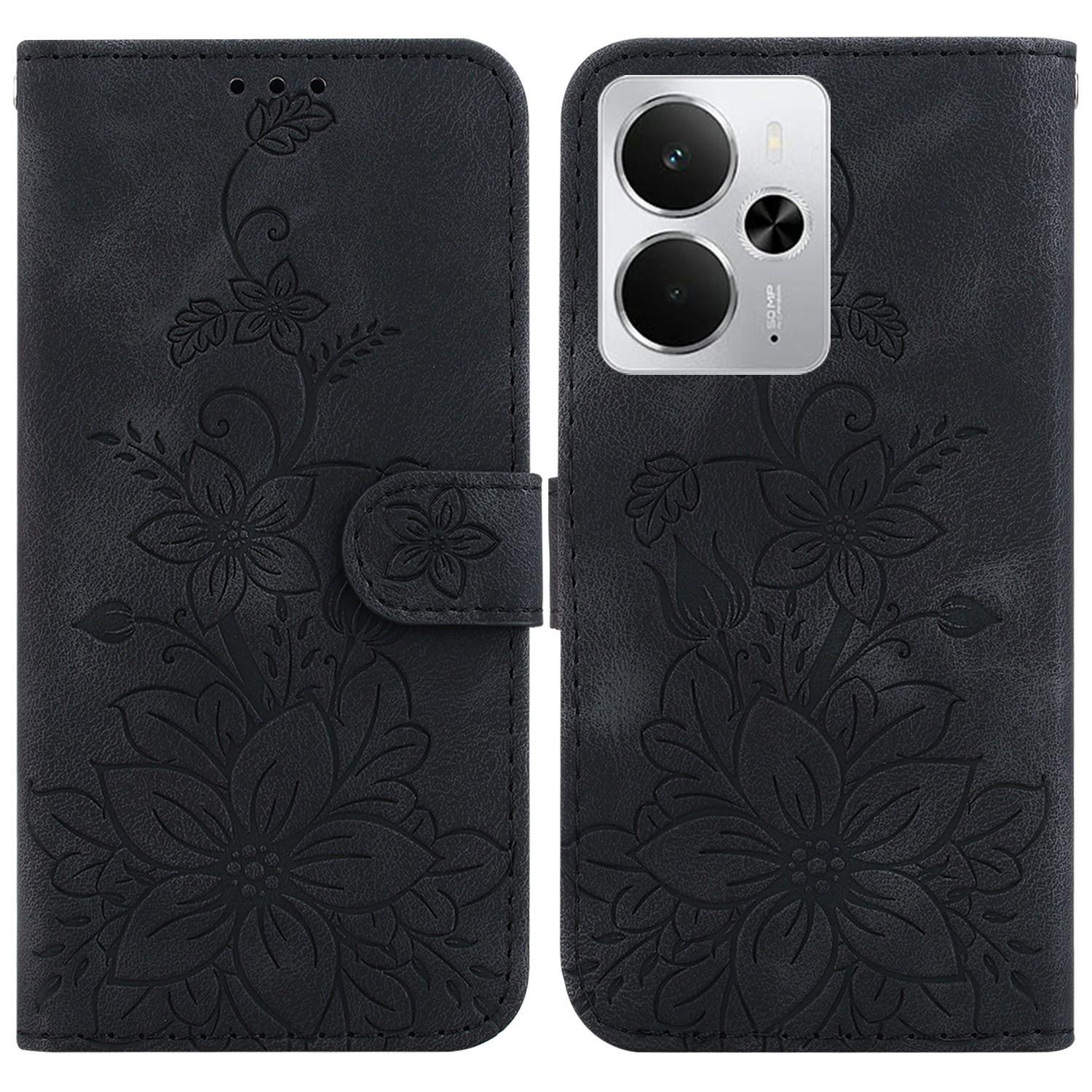 

For Realme 14 5G Case Lily Flower Imprint Leather Phone Cover with Stand Black