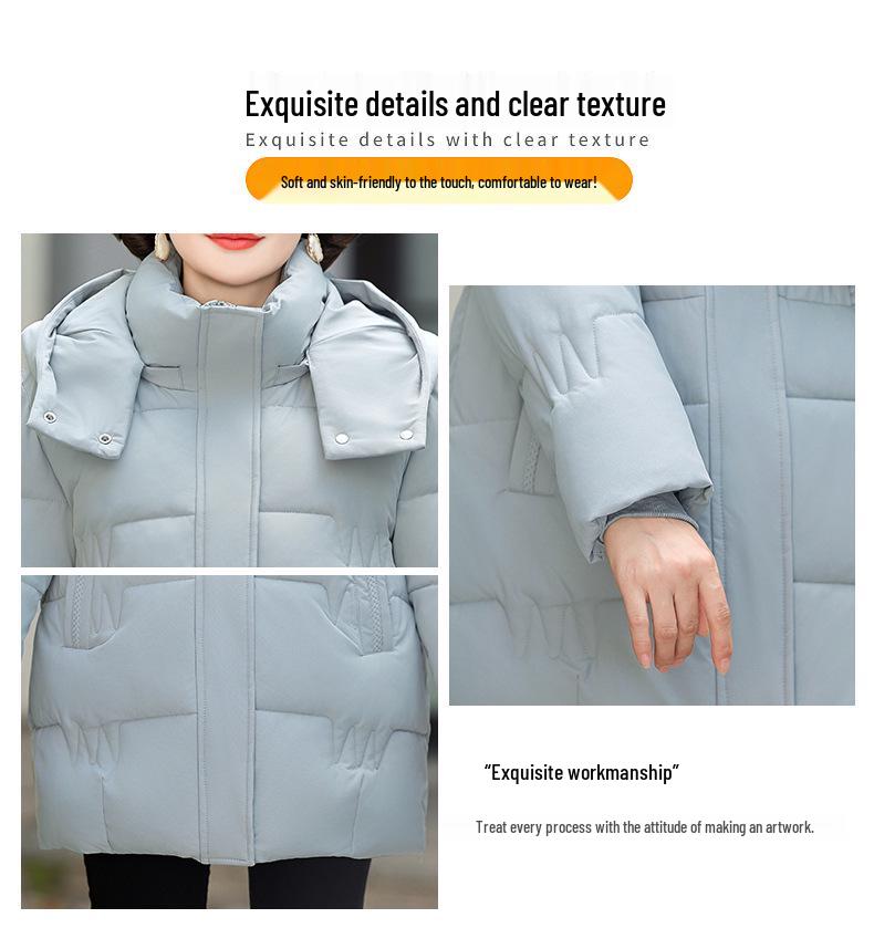 Mom's Hooded Mid-Length Down Jacket for Middle-Aged Women - Autumn/Winter Cotton Outerwear