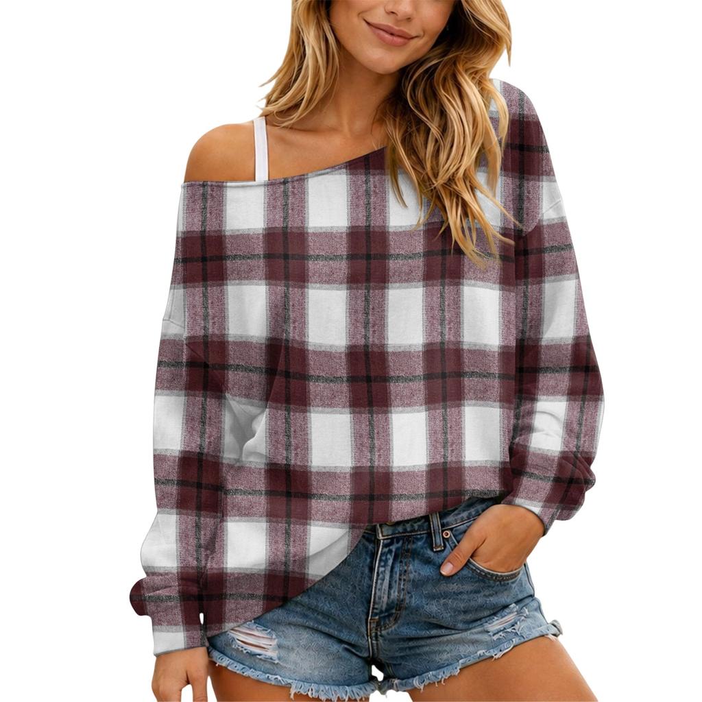 Women's Casual Plaid Long Sleeve Loose Fit Comfortable Pullover Top for Everyday Wear