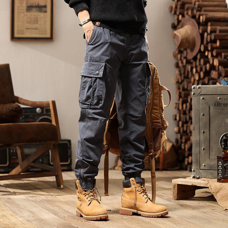 Men's Street Outdoor American Loose Retro Versatile Multi-Pocket Elastic Tote Pants Summer Thin