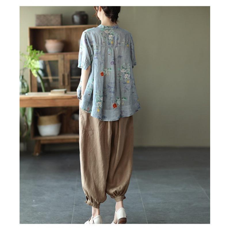 Summer Japanese and Korean Printed Cotton and Linen Blouse Ladies Loose Temperament Shirt Short-sleeved Shirt