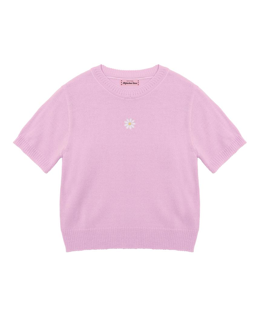 HIGH SCHOOL DISCO Round Flower Embroidered Short Sleeve Knit_Pink