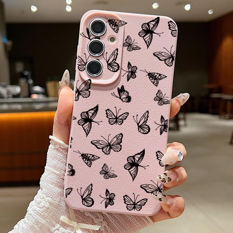 Stoßfeste, matte und schlanke Handyhülle mit Schmetterlingsdruck für Samsung S25 Ultra S24 FE S23 S22 A36 A56 A16 A55 A26 A15 A35, Ledertextur, TPU, weiche Rückseite