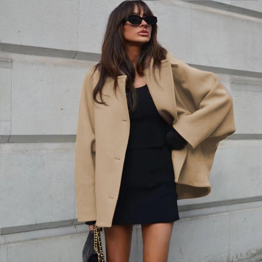 Women's Lapel Oversized Bat Sleeve Loose Wool-like Mid-length Coat NIZI8182