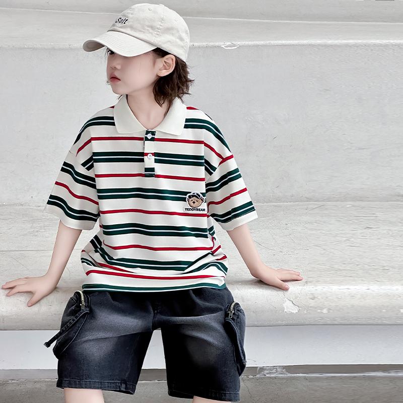 Boys' short sleeved T-shirt for summer 2026, new mid size children's striped T-shirt, thin children's summer polo shirt
