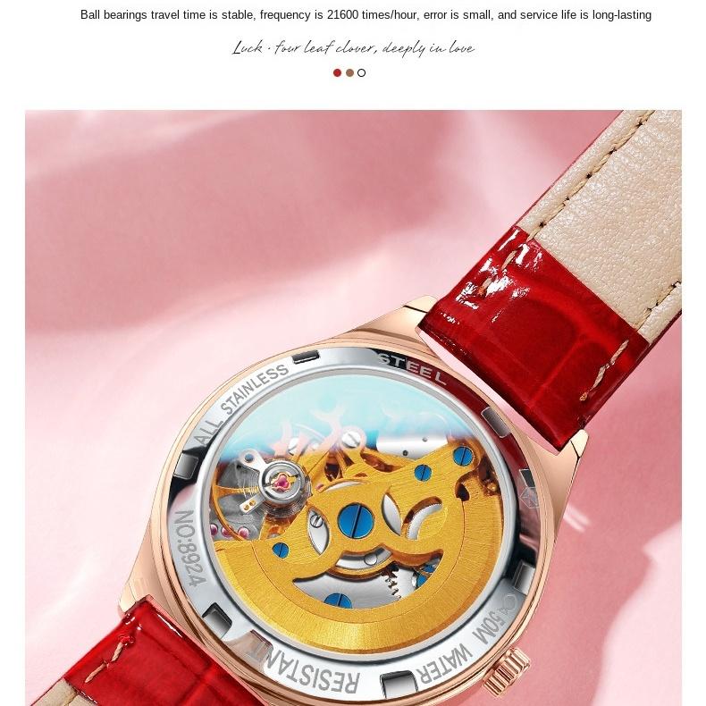 JINSHIDUN Brand Fashion Hollow Inlaid Diamond Four-leaf Clover Mechanical Watch Waterproof Women's Watch