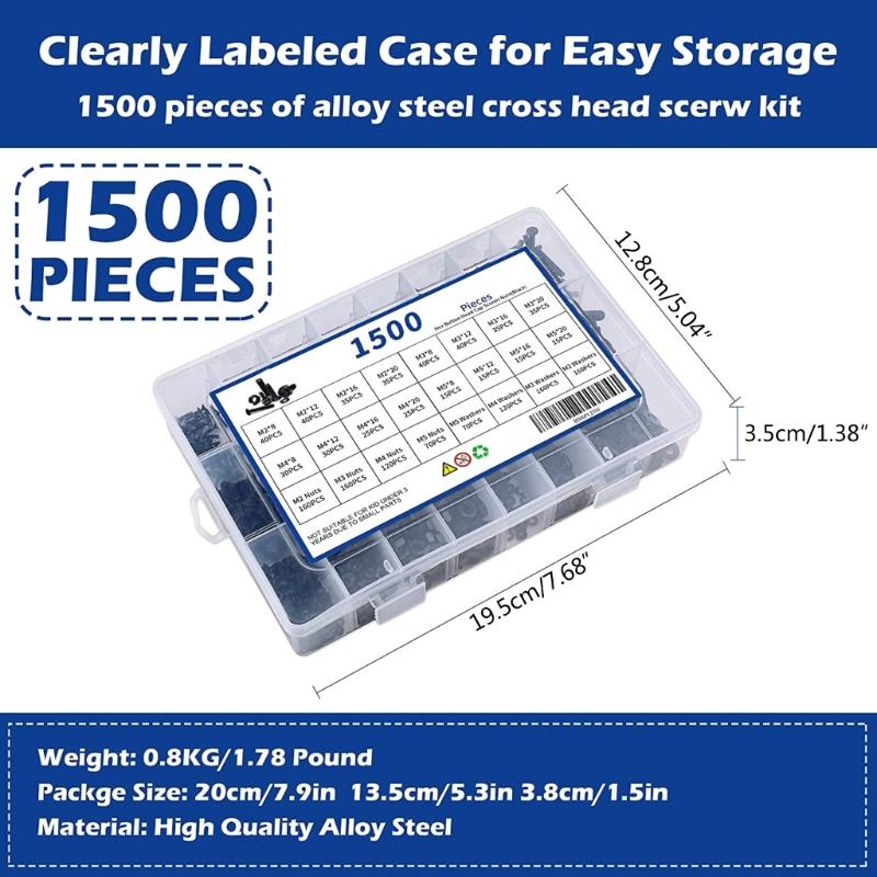 1500Pcs Flat Head Hexagon Socket Caps Screws Bolt Stainless Steels Countersunk Head Hexagon Drive Machine Screws Washers