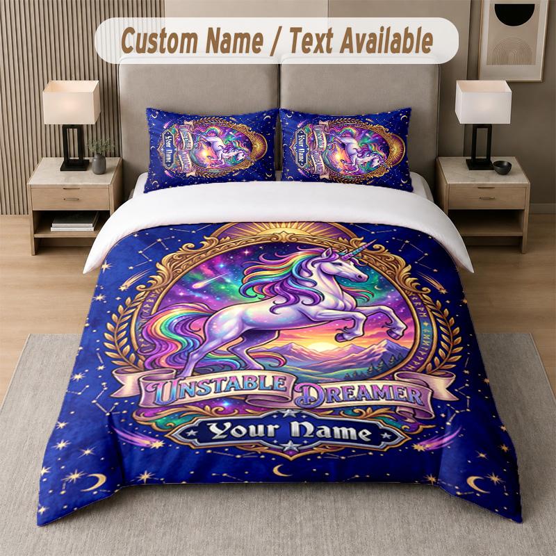 Unicorn Theme Custom Text Or Name 3Pcs Bedding Set 1 Flat Sheet & 2 Pillowcases Personalized Home Bedding