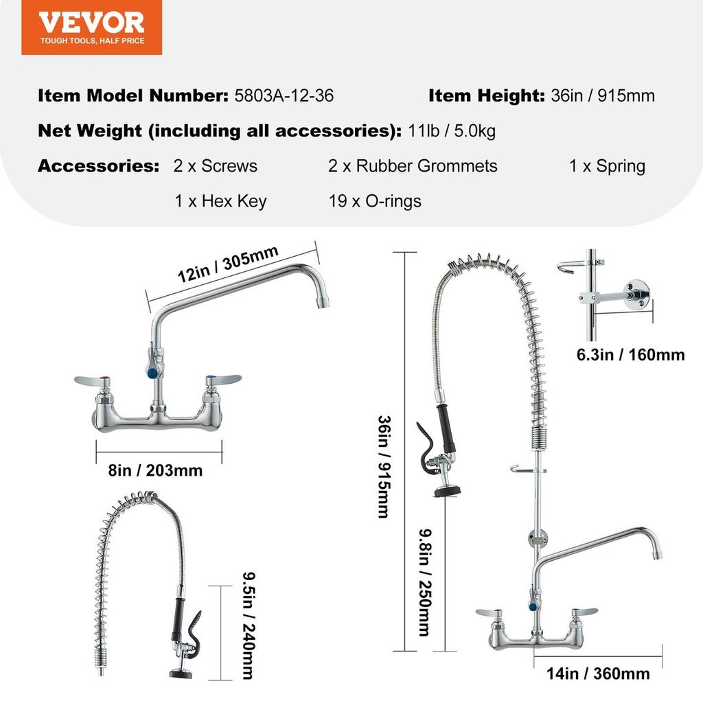 Commercial Faucet with Pre-Rinse Sprayer, 36" Height, 8" Center, 12" Swing Spout, Wall Mount Kitchen Sink Faucet, Brass Constructed Device with Pull