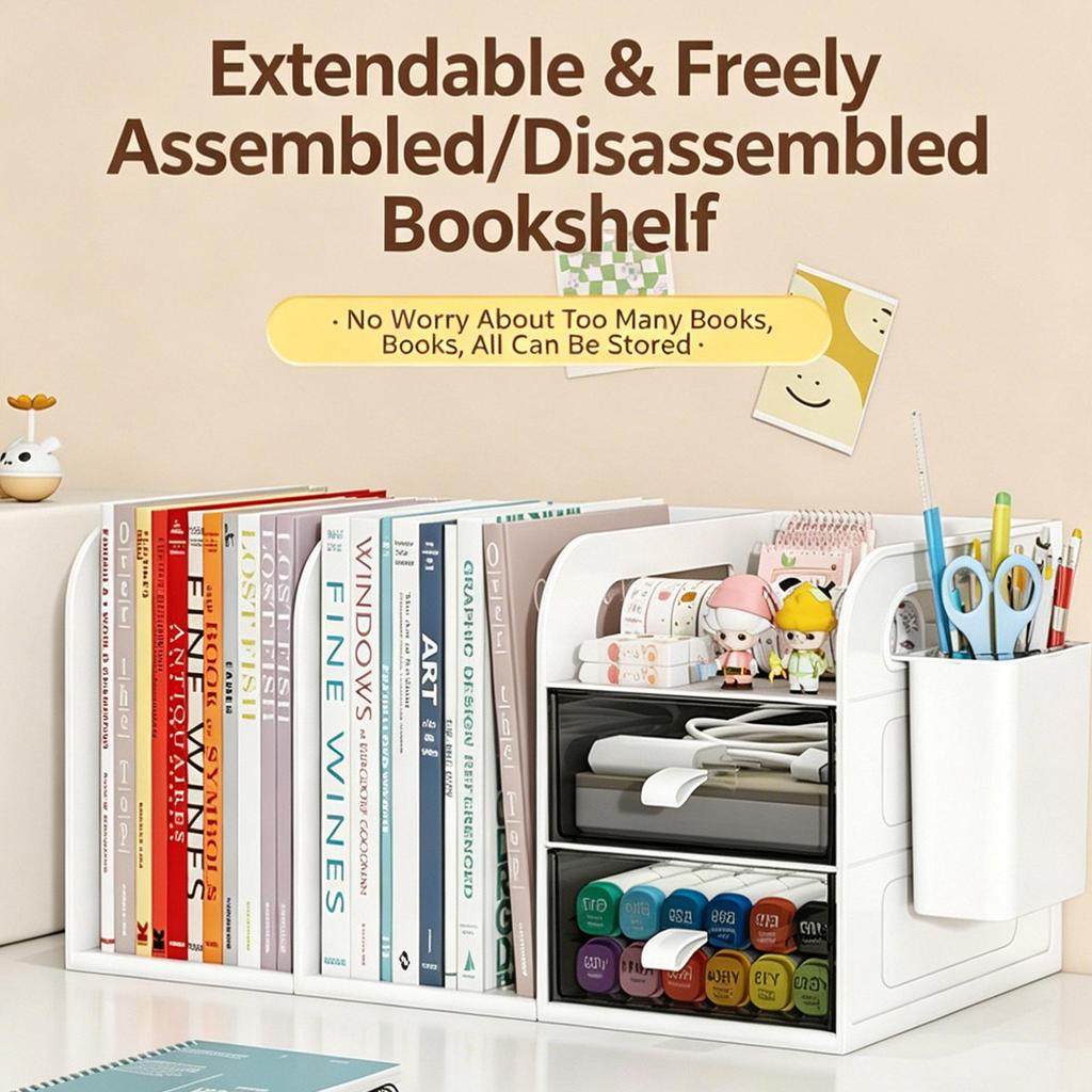 Desktop Bookshelf Organizer with Drawers and Pen Holder Desk Storage Caddy for Office Supplies Books Stationery Home Office School Dorm Desk Organizer