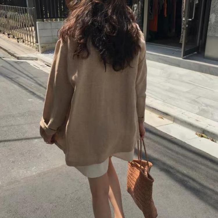 Women Casual Cotton Linen Blazer Jacket Long Sleeve OL Work Coat Suit for Spring Summer One Button Casual Office Wear