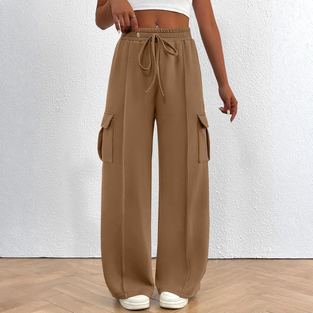 Women's Overalls Casual Lightweight Solid Color Trousers Drawstring Multi-Pockets Straight Leg Pants