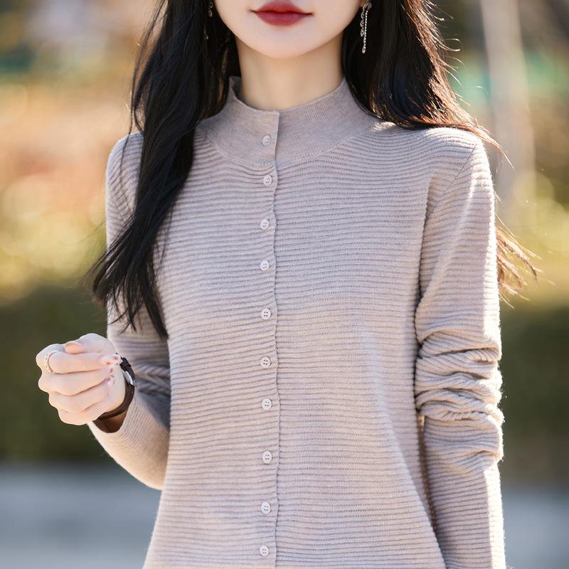 Women's Spring Fine Wool Cardigan - Half-High Collar, Solid Color, Loose, Slimming Sweater Coat