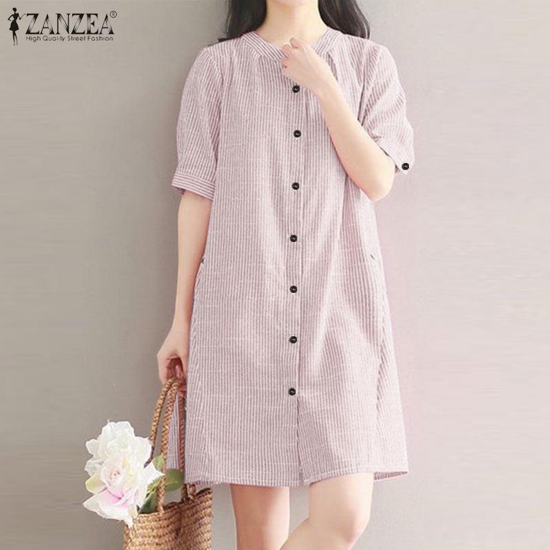 ZANZEA Women Round Neck Short Sleeve Striped Casual Shirts Dress