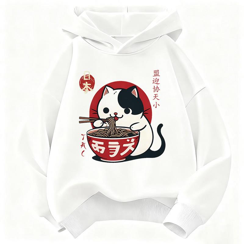 Japanese Style Cat Eat Ramen Hoodie Manga Kids Cat Children's Sweatshirt Cute Hoody for Boys Girls Casual Hoodies Spring