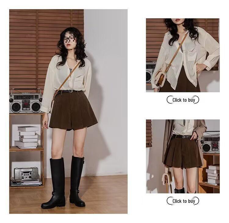 Women's Black High-Waist Corduroy Pleated Wide-Leg Shorts - Autumn/Winter Korean Style