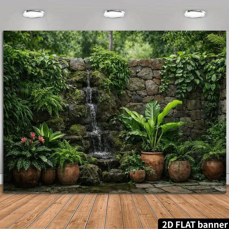 2D Tropical Waterfall Backdrop Green Plant Stone Wall Background