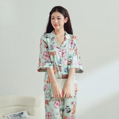 Cartoon Kitten Pajamas, Cute and Sweet Women's Mid Sleeved Long Pants Sleepwear, Lapel Print Home Clothes