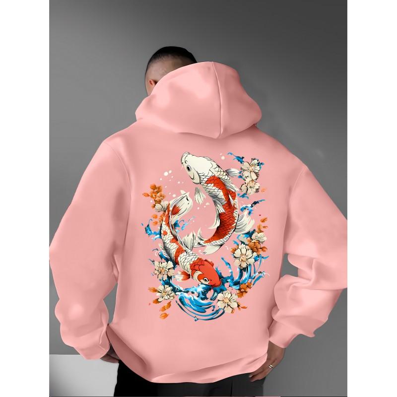 Unisex Oversized Hooded Sweatshirt With Japanese Ukiyo-e Cherry Blossom Koi Fish Print Soft Fleece-Lined Casual Top