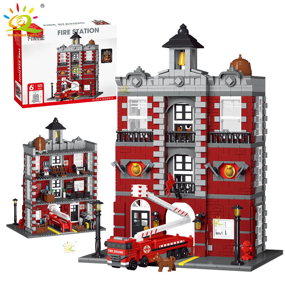 Non-Toxic 1823Pcs Moc Fire Station With Fire Truck Model Building Blocks Street View Brick City Educational Toy For Children Gift