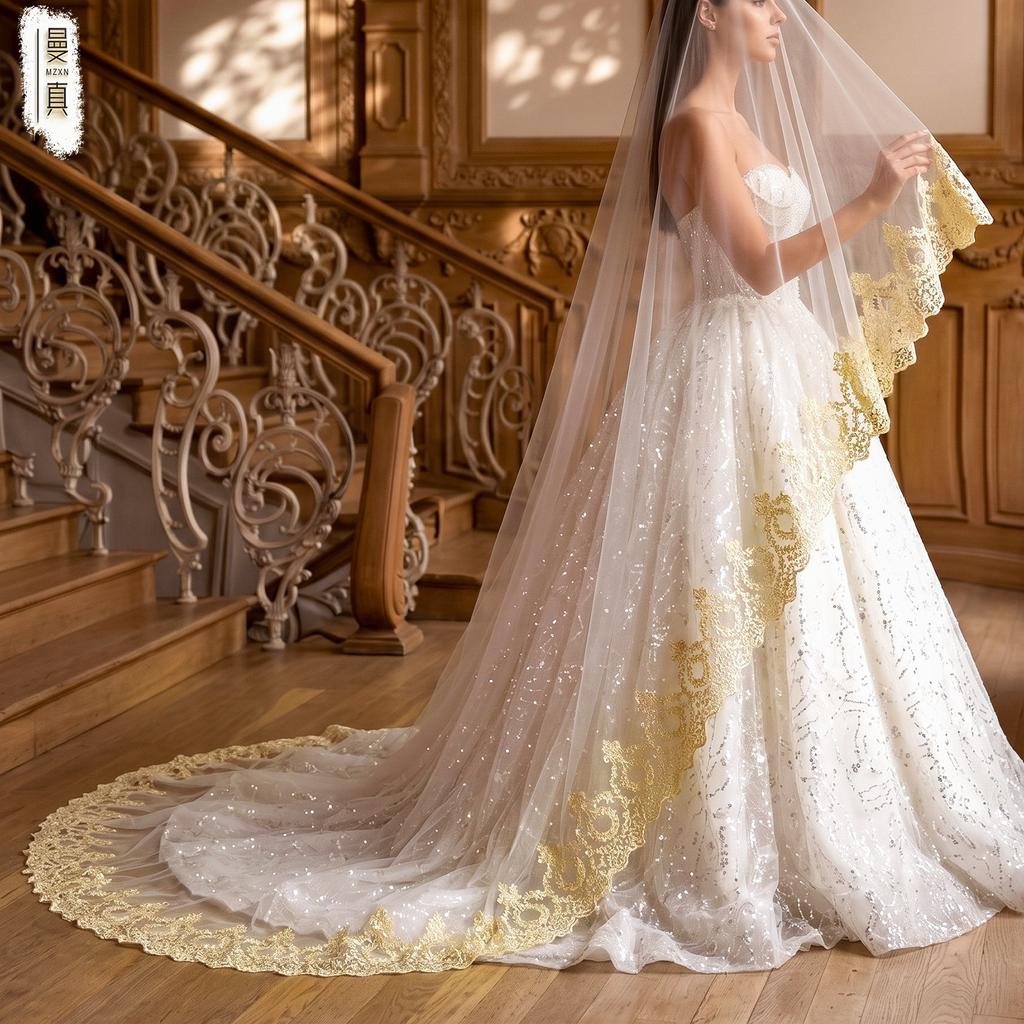 One Tier Cathedral Wedding Veil, White Tulle Bridal Veil with Golden Floral Lace Embroidery, 300cm Long Train Wedding Headwear for Bride