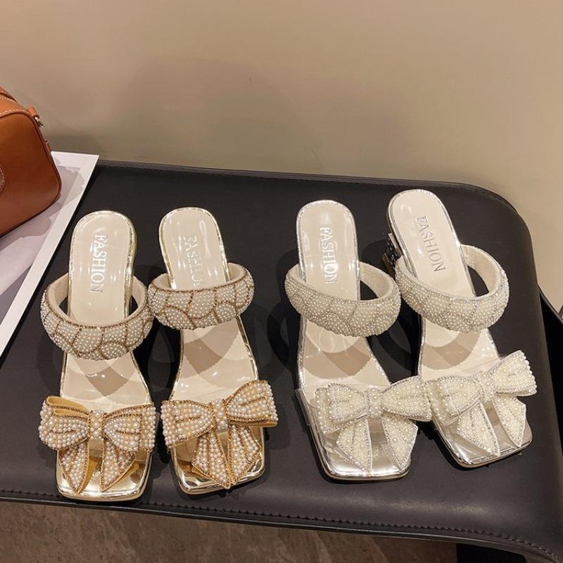 Gentle Bow Thick-heeled Sandals for Women in The Summer of 2025, A New One-line, Transparent Water Diamond Square Toe Fairy Shoe