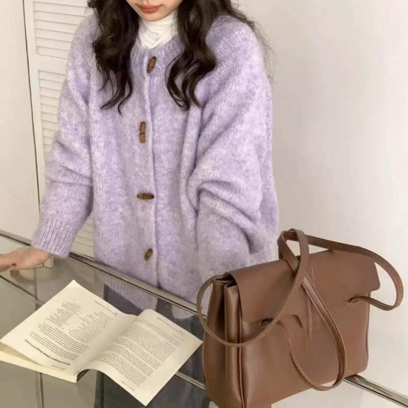 

Осень и Зима Свободный Ретро Нежный Вязаный Кардиган на Пуговицах-Рожках Мягкий Восковой Повседневный Блузка с Длинным Рукавом Куртка Женский Свитер One size фиолетовый