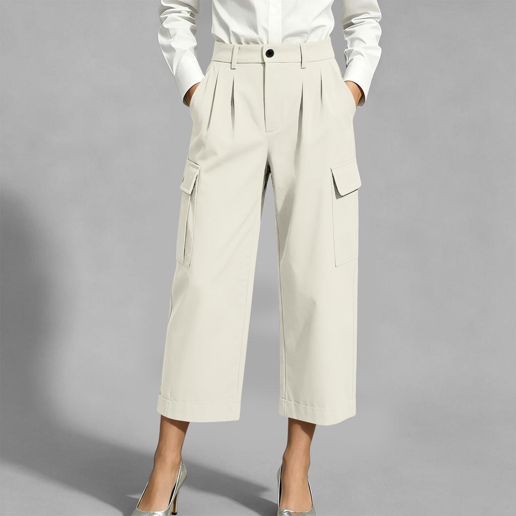 Women's Color Casual Trousers with Cotton Pockets and Button Front Dress Pants