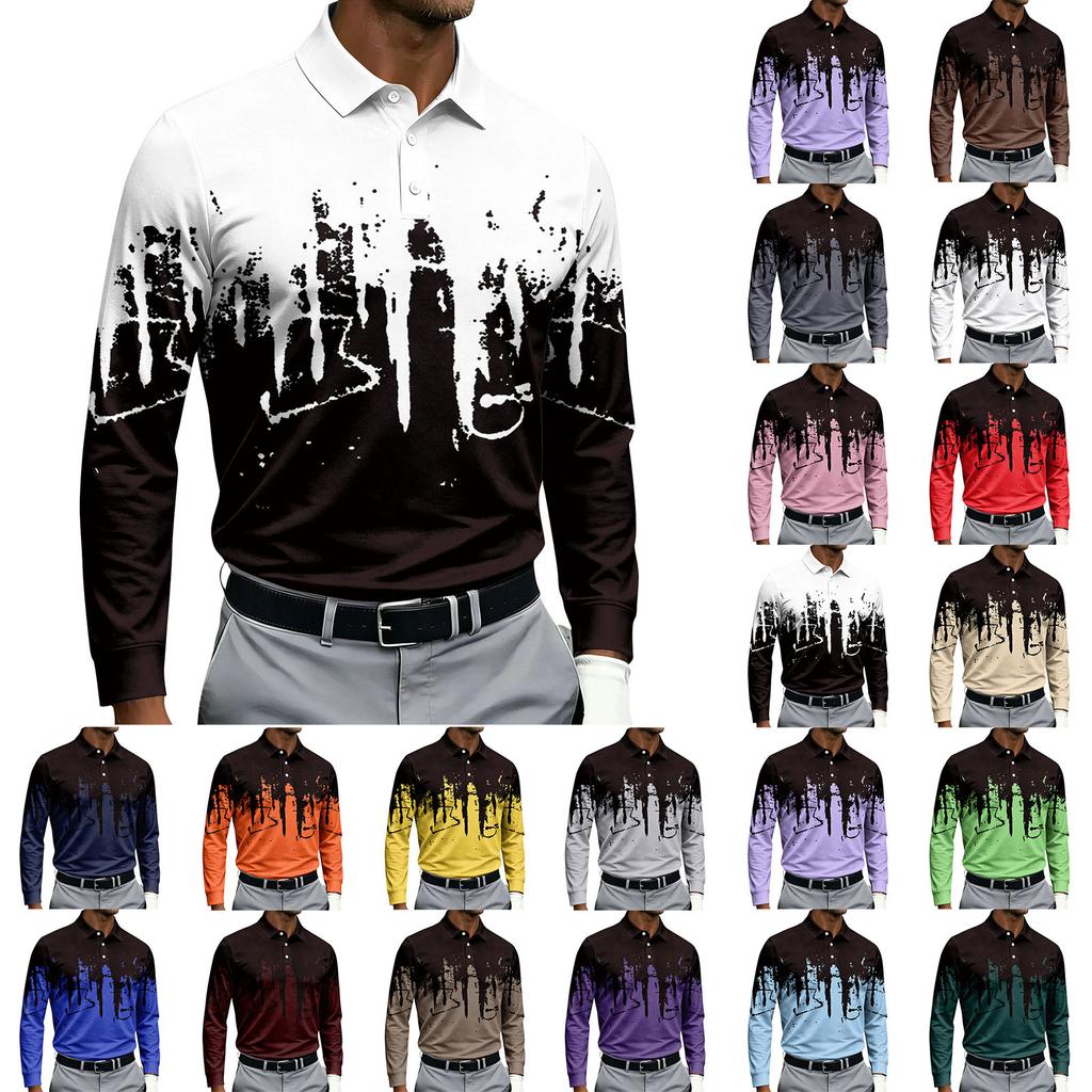 Men's Casual Printed Long Sleeve Button Down Shirt with Lapel Collar for Sports and Daily Wear
