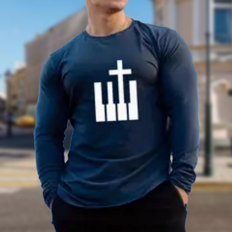 Personality Cross Print Men's Tshirts Long Sleeve Tees Round Neck Casual Pullover Men's Clothing Plus Size