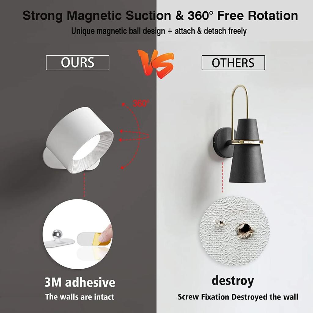 Modern LED Wall Sconces Lamp, 2000mA Battery USB Charging, Touch Controlled 3-level Brightness Modes, 360 Degree Free Rotation