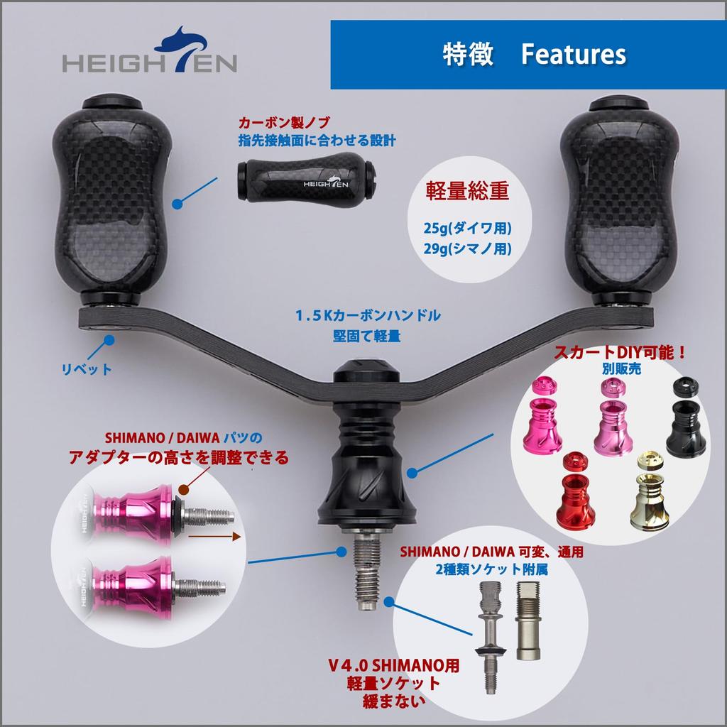 HEIGHTEN 90mm Reel Handle with 21mm Carbon Compatible with Shimano and Daiwa Carbon Fiber Gourd Series Spinning Reels Knob, 1.5K Handles, (Black)