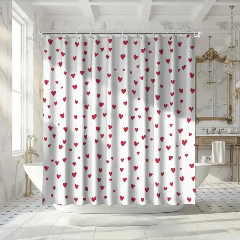 Red Hearts Shower Curtain White Background Cute Love Design Waterproof Bath Decor Elegant Romantic Bathroom Curtains 90x180CM