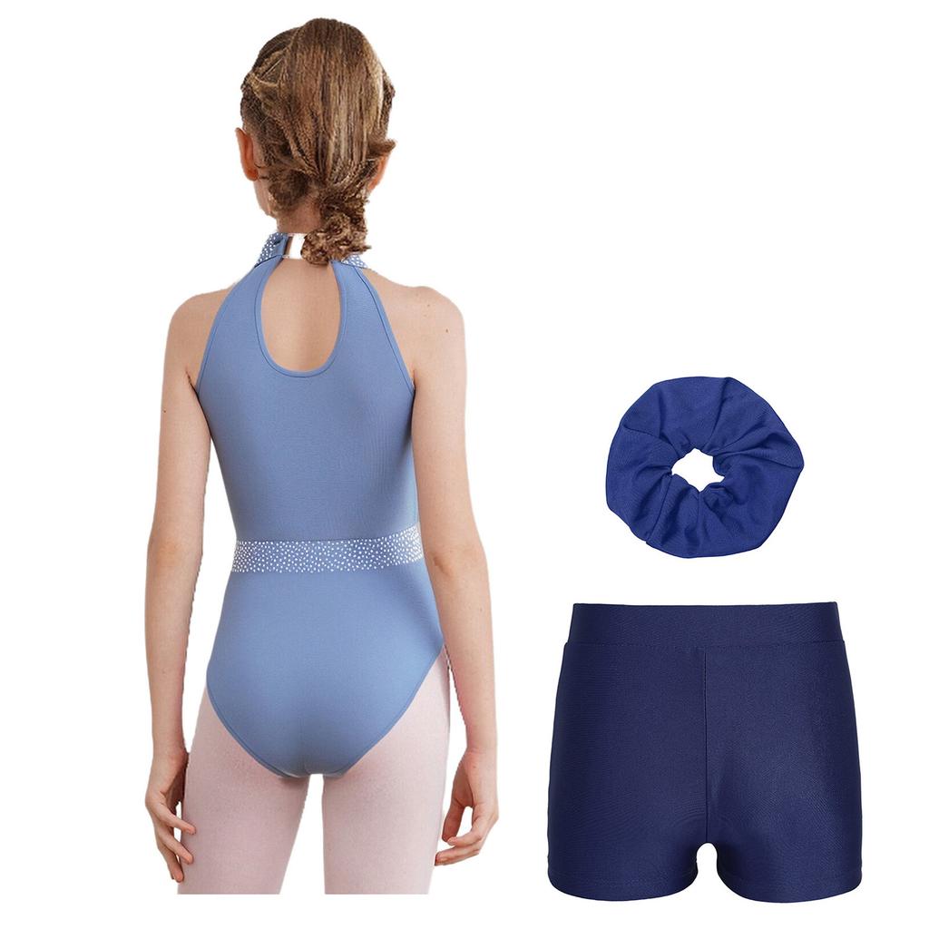 Girls Gymnastics Dance Outfit Sleeveless Keyhole Back Rhinestones Leotard V Waistband Shorts Hair Tie