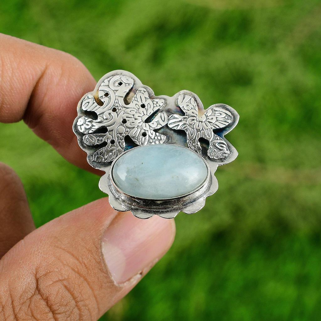 Womens day Sale Sterling Silver Aquamarine Gemstone Bezel Statement Mother Ring