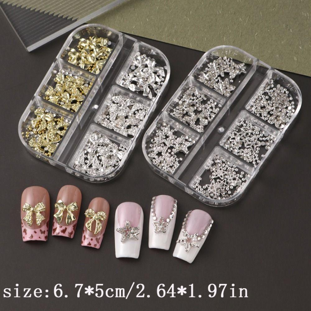 6 Grids Nail Art Decorations Metal Diamond Bow-Knot & Star Shape DIY Nail Decor Punk Style Mixed Designs Nail Charms