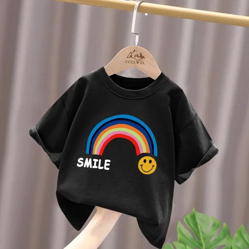 Summer Cotton Children Tshirt Cartoon Rainbow Smile Face Printed Korean Kids Tshirt Boys Girls Comfortable Short Sleeve Tee Top