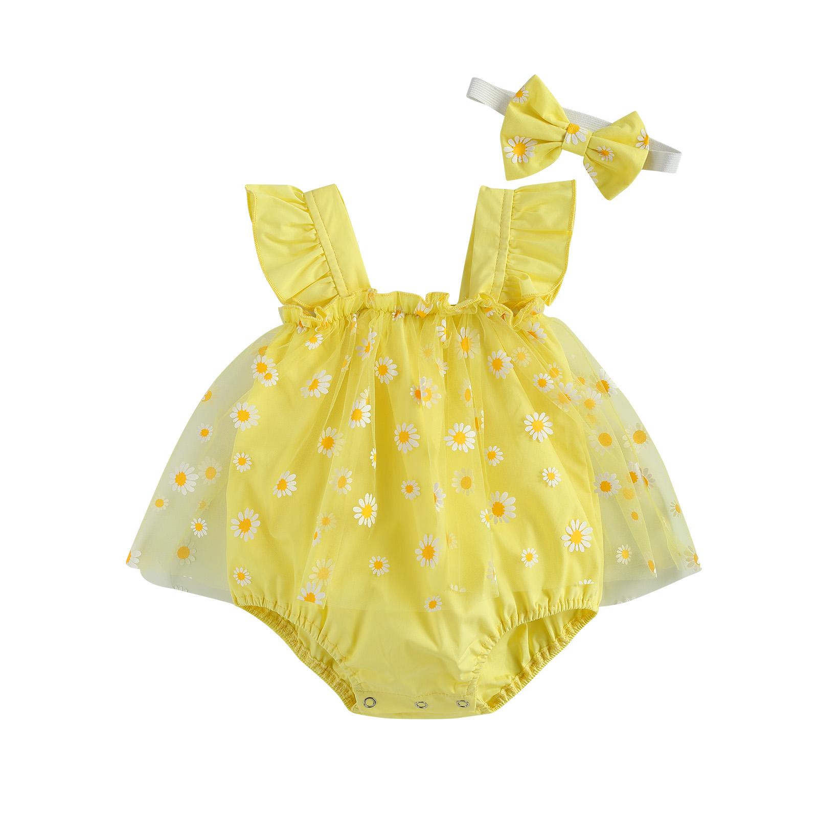 

Комплект из двух предметов с цветочным принтом для малышей, боди без рукавов с квадратным воротником для маленьких девочек + комплект с повязкой на голову 9-12 Months жёлтый