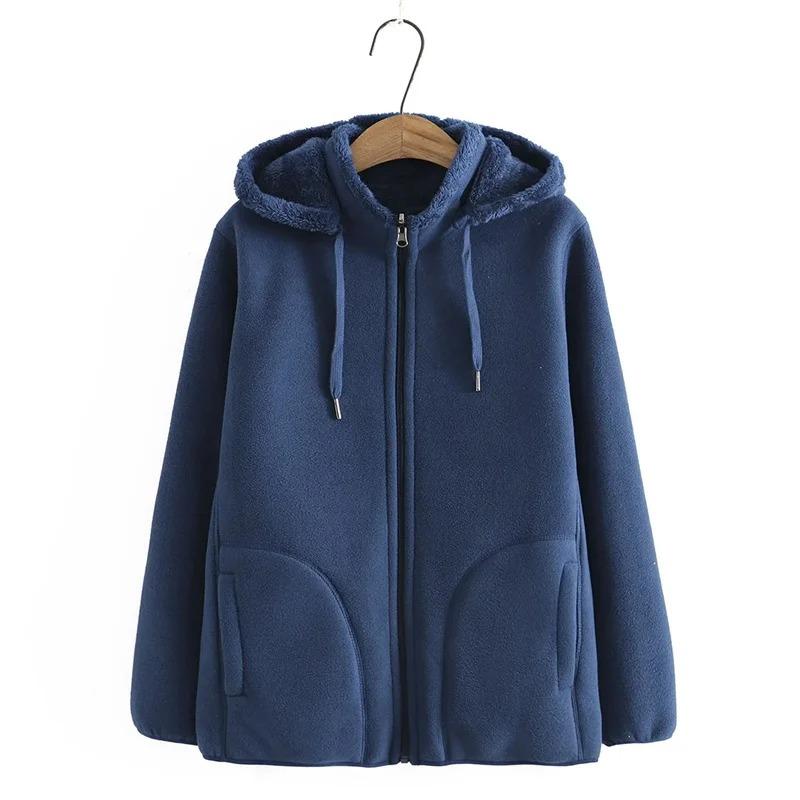 Autumn Winter Fleece Coat Women Thicken Warm Hoodies Sweaters Jackets Middle Age Zip-up Outerwear Casual