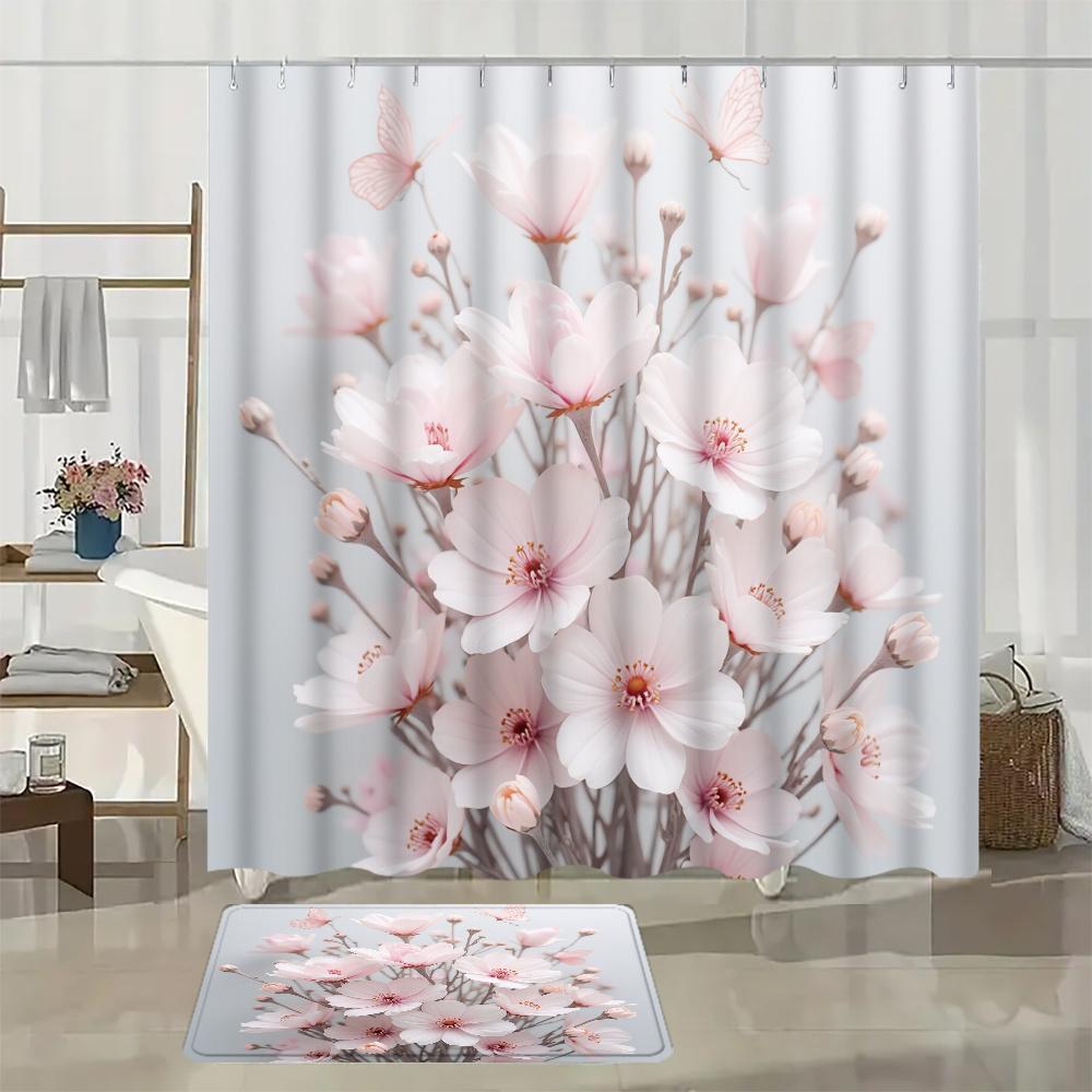 4Pcs Light Pink Cherry Shower Curtain Set with Non-Slip Bath Mat, Toilet Lid Cover, Contour Rug & 12 Hooks, Bathroom Decor