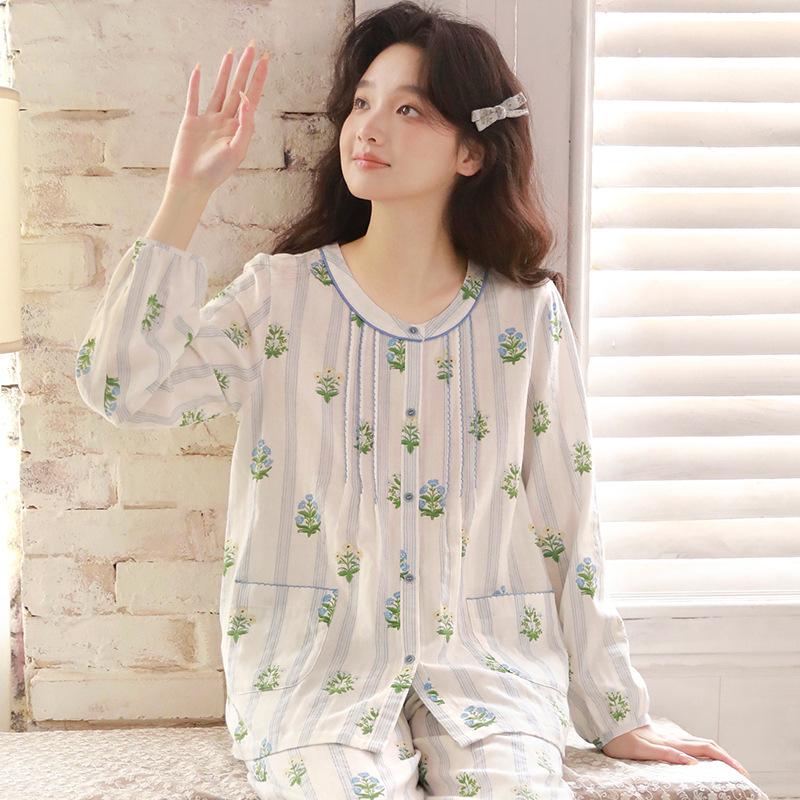 Summer pajamas women's pure cotton cotton yarn floral women's round neck sweet wind round neck thin cardigan long-sleeved set 11