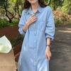 Summer Women Denim Shirt Dress Long Sleeve Button Down Maxi Roll Up Dress