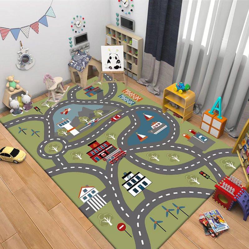 Kids Playroom Carpet Soft Non-Slip Baby Crawling Mat with Traffic Route Map Design for Bedroom Living Room