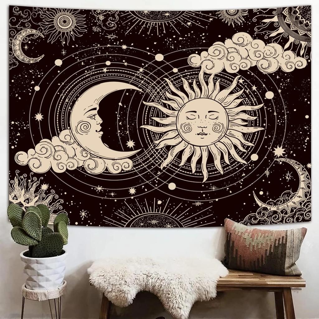 VIKAMA Healing Sun Moon and Stars Tapestry Living Room Bedroom InstagramStyle Warm and Soothing Background Decor